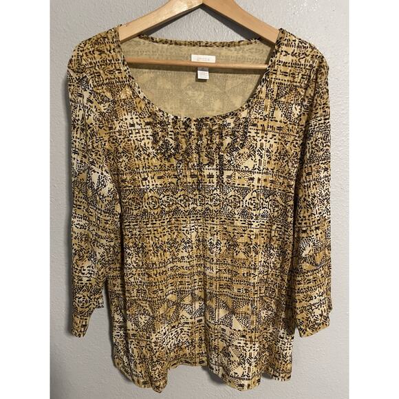 Chicos Womens Top Size 2 US Large Brown Abstract Print Mesh Stretch Boho Artsy - Picture 1 of 6